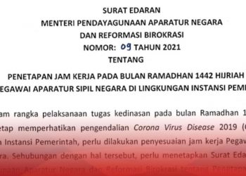 Surat Edaran Menpan RB,Inilah Jam Kerja ASN di Bulan Ramadhan 1442 Hijriah