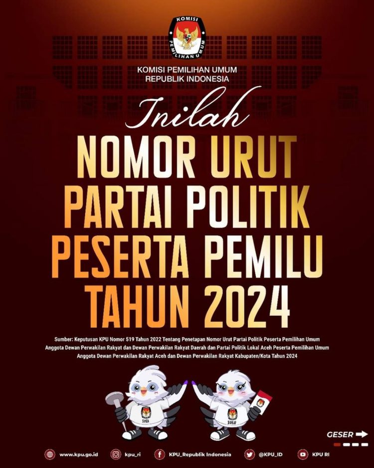 Resmi! Ini Daftar Nomor Urut Partai Peserta Pemilu 2024