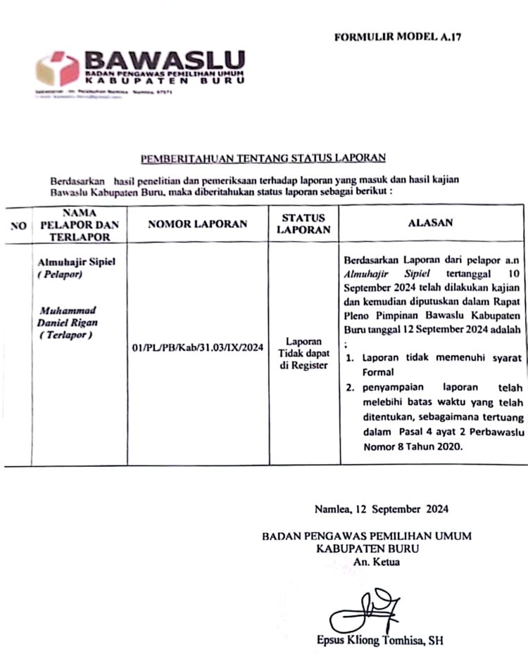 Bawaslu Hentikan Aduan Ketua KNPI Buru Terhadap Cabup MANDAT