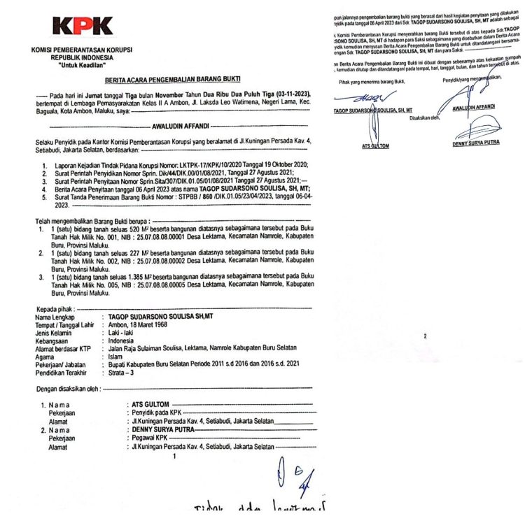 KPK Kembalikan Aset Tanah Dan Bangunan Milik Tagop Sudarsono Soulisa Mantan Bupati Bursel