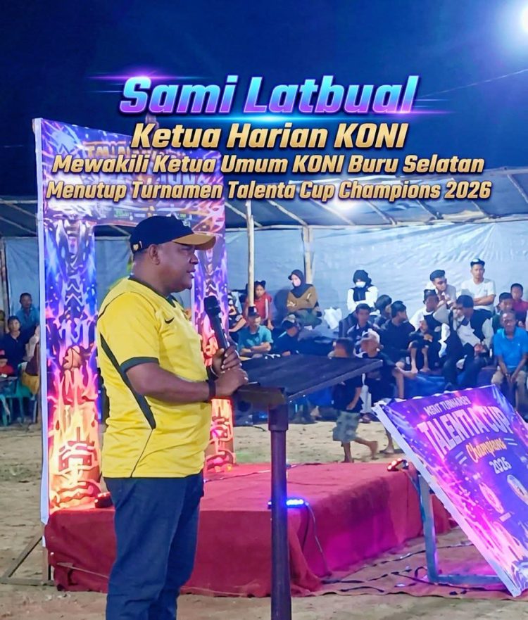 Ketua Harian KONI Buru Selatan Sami Latbual Resmi Tutup Turnamen Talenta Cup Champions 2026 di Desa Labuang